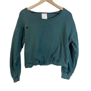 Aerie Offline Cropped Distressed Sweatshirt Dark Green Terry Cloth Fabric Sz XS